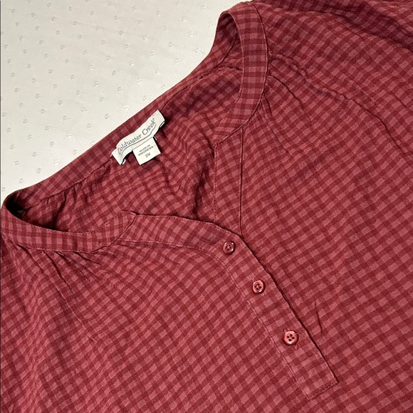 Coldwater Creek Mauve Textured Short Sleeve lightweight casual gingham Henley - Picture 3 of 7